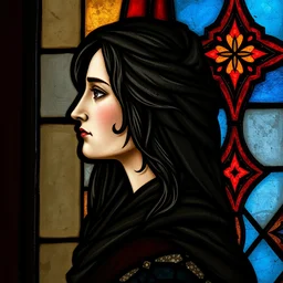 side - view portrait of yennefer of vengerberg, from the witcher 3, from gwent, tenth century stained glass window, very masterful