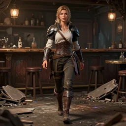 full body 3 d model character portrait of a female lavellan from dragon age walking through a destroyed dive bar wearing inquisitor clothes, with a realistically proportioned face, realistically rendered face, realistically rendered clothing, enhance face, octane render, 8 k, realistic lighting, good value control, realistic shading, substance painter