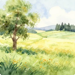 a watercolor of a soremi * 5 landscape on a warm summer's day