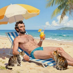 painting of Abraham Lincoln sunbathing on a beach in a bikini drinking a pina colada, petting a cat under an umbrella