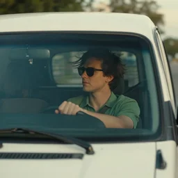 a young guy wearing green shirt and sunglasses is driving a white van down the street, head in the wind, cinematic lighting, establishing shot, art by jordan grimmer