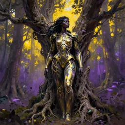 hyperrealistic art nouveau super expressive! black woman with detailed exoskeleton armor, merging with tree in a forest, digital painting masterpiece smooth brad kunkle hannah yata dramatic pearlescent yellow purple light ground angle hd 8k sharp focus