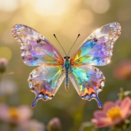 a colorful crystal butterfly, golden hour, bokeh, colorful, chroma, underdimensional, everdimensional, floral