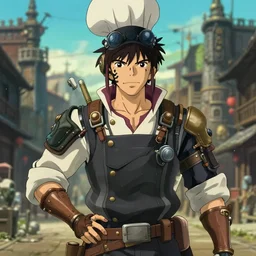 a full body film still portrait of a confident dieselpunk cook master, finely detailed features, closeup at the faces, perfect art, at an ancient city, gapmoe yandere grimdark, trending on pixiv fanbox, painted by greg rutkowski makoto shinkai takashi takeuchi studio ghibli, akihiko yoshida