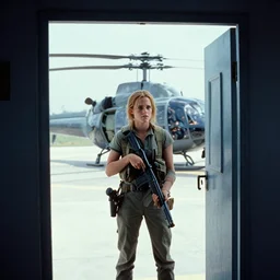 film still, bell huey helicopter extreme far view, emma watson vietnam door gunner, film still from apocalypse now ( 1 9 7 9 ), 2 6 mm, kodak ektachrome, blue tint expired film,
