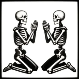 two praying skeletons kneeling facing each other arms raised, wood cut print, 2 d, vector, flat art, black and white