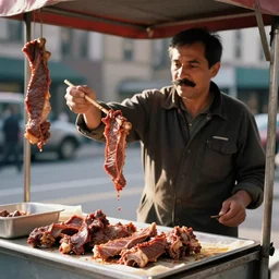 Man with mustache giving out loose meat on stick at a cart in new york, hyper realism, cinematic, volumetric lighting, sunlight, high detail, 8k, depth of field, professional photo, photorealistic,