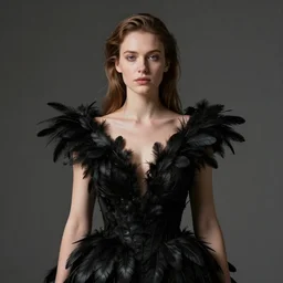 meredit frampton and craig mullins style : hight focus of a wonderful realistic focused sweet wonderful symmetrical mid portrait of a one very beautiful goddess, with a dress that is like a realistic black plumes, dramatic light, octane render - 8 k