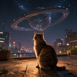 cat sitting on a wooden deck, staring into the sky, night, dramatic warm lighting, futuristic cyberpunk cityscape in background, stellaris concept art, ringworld megastructure in sky