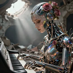 robot playing piano in ruins, female face, cyberpunk cyborg. roses, close up sci - fi, intricate abstract upper body intricate artwork, by tooth wu, wlop, beeple, dan mumford. concept art, octane render, deviantart, greg rutkowski, cinematic arthouse, key art, wong kar wai, style, hyper realism, iridescent accents