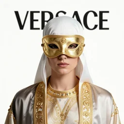 portrait of masked dune dynasty with versace clothes, white background, versace logo, 8 k, symmetrical, 3 d render, octane render, insane details