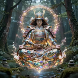 magical samurai floating meditating in enchanted forest, digital art, surreal, beautiful, detailed, highly detailed, intricate, powerful warrior, glowing, prismatic, pearlescent, portrait, detailed, realism, classical, trending on artstation, 8k, ultra realistic, highly detailed, by alex grey, by moebius, by peter mohrbacher, japanese art, zen, zen garden