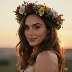 photo of the beauty gal gadot, she is posing while maintain a sweet eye contact to the camera, she has a crown of flowers, the photo was taken at sunset with a bokeh effect, photo taken by edward steichen, photorealistic, matte painting, hyper realistic, 4 k, 8 k, cinematic composition, hd, highly detailed, trending on artstation