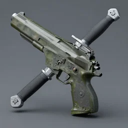 android, gun for a head, swords for arms, military prototype, photography