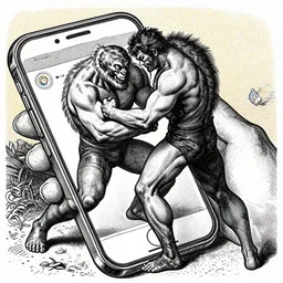 a high contrast crosshatched pen illustration of a powerful man wrestling a monster coming from his phone by Gustave Doré, colorful Ben Day dots