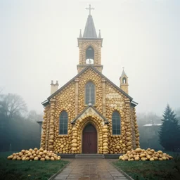 Beautiful Liminal Grainy foggy disposable-camera Photograph of a church made from potatoes potatoes potatoes potatoes potatoes