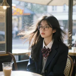 a beautiful young college teenager girl, glasses, inside a quaint french cafe during rainy day by jeremy mann and alphonse mucha, photo realistic, dynamic lighting, windy, artstation, poster, dreamy, volumetric lighting, ethereal, 4 k, high detail