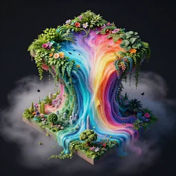 liquified 3 d isometric planes melting, colorful, grainy, risograph, dramatic lighting, flowing, nebula, lush overgrowth, ivy, vines, flowers, trees, birds, city, unreal engine, fog, cosmic