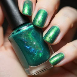 a beautiful bottle of nail polish filled with forest green small galaxy's and nebulas and blue sparkles, insane, intricate, highly detailed, Zeiss Lens, smooth, sharp focus, Unreal Engine 5, Octane Render, Redshift, 8K