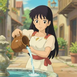 waifu in a greek attire pouring water out of a vase into a fountain, spanish ghibli alleyway, symmetrical face, symmetrical eyes, detailed and defined eyes,