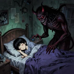 cursed illustration of beautifully ominous creepy sleep paralysis demon observing sleeping teenager inside 1 9 8 0's cluttered bedroom. manga style of junji ito, kentaro mirua, weirdcore, octane render