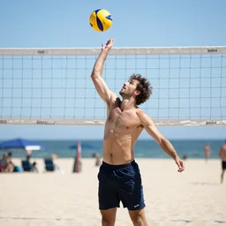 Austin Matthews playing volleyball on the beach shirtless, 8k photograph,