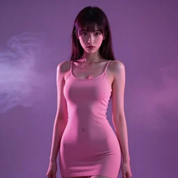 photo of slim anime girl, 20yo,  high detail, studio, smoke, sharp, pink violet light, studio