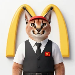 Caracal dressed as a McDonalds manager, mcdonalds ad