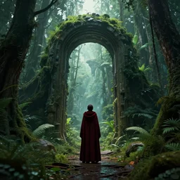 portal in a middle of a lush futuristic forest, alien world seen through a portal, person in a dark red cloak standing in front of a portal, syd mead, john harris