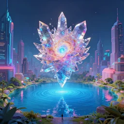 mystical colorful cyberpunk city with a clear blue lake in a clearing where an abstract nebula crystal sculpture is floating above it, powerful, 4k, photograph, vaporwave