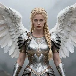 artistic portrait of a fierce valkyrie with white feathered wings, wearing armor, feathered wings, perfect fit body, long blonde braided hair, beautiful eyes and lips, art by artgerm and wlop and brom, highly detailed, 8 k, cinematic, mist, digital painting, trending on artstation, concept art, sharp focus, illustration, masterpiece