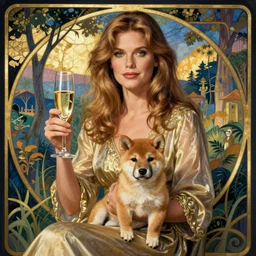 michelle pfeiffer with glass of champagne in her hand and a shiba inu puppy on her lap. art nouveau. mucha