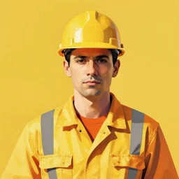 construction worker. portrait. bauhaus, angular, geometric, symmetrical. yellow and orange color theme. flat, solid background.
