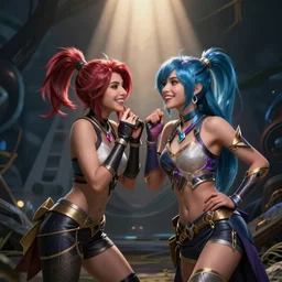league of legends, xayah and kai'sa as best friends, funny, flirty, smiling, playing, photo