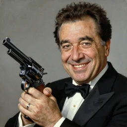 closeup of grinning danny devito posing with a revolver, by norman rockwell, Zdzislaw Beksinski, highly detailed, soft lighting, film grain, medium format, 8k resolution, oil on canvas