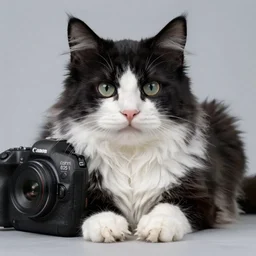 fluffy black and white cat portrait, aesthetic highly detailed soft fur and paws, professionally shot photorealistic 8k photograph, 35mm Canon EOS R3, rendered in octane, by Natalie Große and Jason Allison