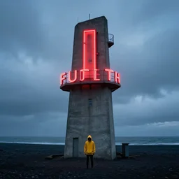 a concrete tower on a icelandic beach, big red neon sign, a small character wearing a yellow hoodie standing in the front, cloudy day, blue hour by filip hodas, by simon stalenhag, by greg rutkowski, cinematic, dramatic light concept art, matte painting, tranding on artstation, dystopia