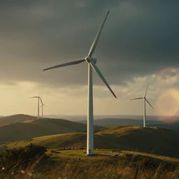a 2 8 mm macro photo of wind turbines on grassy rolling hills, splash art, movie still, bokeh, canon 5 0 mm, cinematic lighting, dramatic, film, photography, golden hour, depth of field, award - winning, anamorphic lens flare, 8 k, hyper detailed, 3 5 mm film grain, hazy