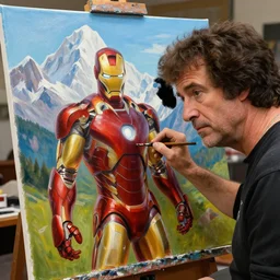 a closeup photorealistic photograph of bob ross in his studio working on a canvas painting of iron man. mountain scape. film still, vibrant colors. this 4 k hd image is trending on artstation, featured on behance, well - rendered, extra crisp, features intricate detail, epic composition and the style of unreal engine.