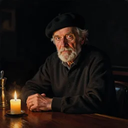 Portrait of an oldman using a beret siting in a bar, looking to the camera, artwork by Craig Mullins, black background, trending on artstation, its night, with dramatic cinematic candle light