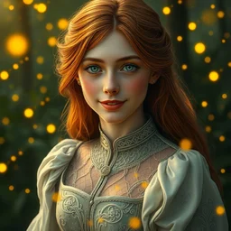 young woman, serene smile, surrounded by golden firefly lights amidst nature, full covering intricate detailed dress, long red hair, precise linework, accurate green eyes, small nose with freckles, beautiful smooth oval shape face, empathic, expressive emotions, dramatic lights, hyper realistic ultrafine art by artemisia gentileschi, jessica rossier, boris vallejo
