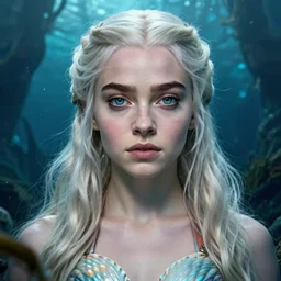 Daenerys Targaryen as a mermeid with a piercing gaze wearing a shell bikini in an underwater magical forest, highly detailed face, realistic face, beautiful detailed eyes, fantasy art, in the style of JOHN STEPHENS, illustration, epic, fantasy, intricate, hyper detailed, artstation, concept art, smooth, sharp focus, ray tracing, vibrant, photorealistic