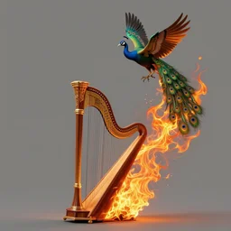 in the lower part of the picture is the harp burning in the fire, above are peacock flying in flames, digital painting, concept art