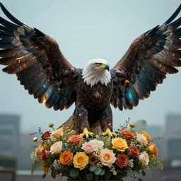 eagle with ironed feather wings, cyberpunk, 4 k, bouquet cinema effect,