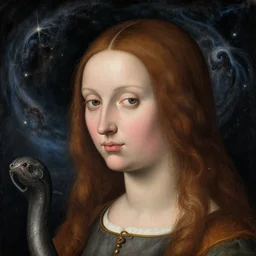 a closeup portrait of an eel goddess, in a nebula, early netherlandish painting,
