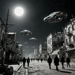 people on the streets on a grey rock planet Soviet slum city, black sky full of stars, blinding sun, Neo Norilsk, Neo Kyiv, sci-fi, lots of flying cars, levitation, cyberpunk outfits, photorealistic, grainy, 35mm, intricate, very very beautiful, elegant, smooth, cinematic, Unreal Engine 5, by Beeple, trending on Artstation HD