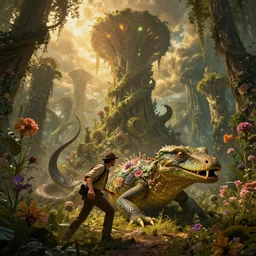 lost hero like indiana jones, ambushed by ancient floralpunk reptile, fangs, long snout, serpentine, fantasy world, forest of tall flowers, spiral organic architecture, covered in ivy, style of albert bierstadt, gold dappled lighting, global illumination, rtx, god rays, lichen moss, subtle bioluminescent, phantasmagoria sky, light