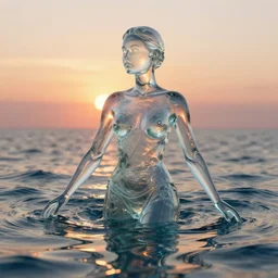 woman made of glass emerging out of the ocean at sunset, realistic reflections, ray tracing, 3 - d render, intricate details, ethereal