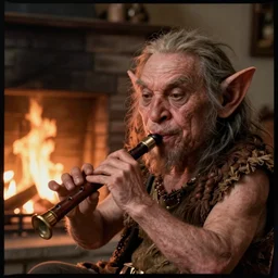 a close up portrait of a goblin playing the flute, fireplace lighting, nighttime, kodak vision 5 0 0 t