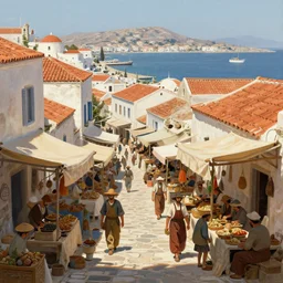 a busy medieval Mediterranean street market in the style of Sylvain Sarrailh, Greek islands, old terracotta roofs, narrow streets, stone steps, character design, whitewashed buildings, old port, hanging fabric, bartering merchants,  beautiful digital art, cinematic composition, detailed, concept art, Matt painting, oil painting, high res